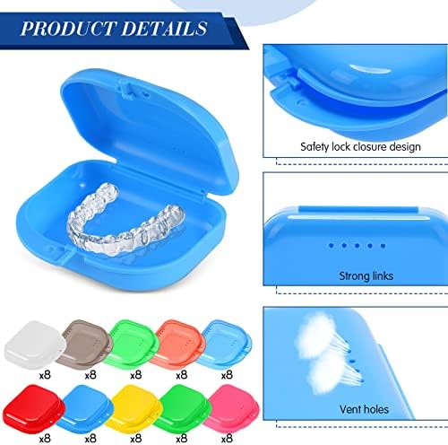 Tanlade 80 Pcs Dental Retainer Case with Vent Holes 3.4 x 2.8 x 1.1in Mouth Guard Case Assorted Retainer Holder False Teeth Container for Aligners, Travel,Night Guards, 10 Colors