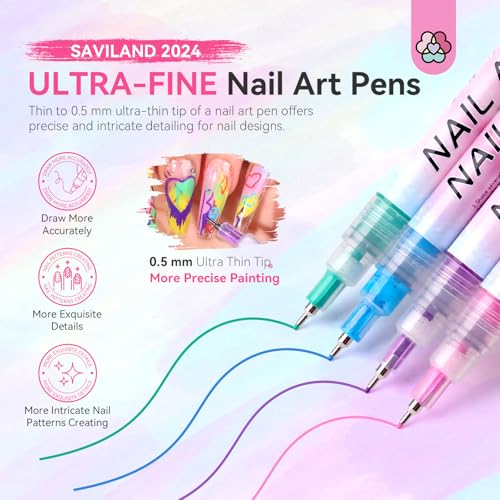 SAVILAND Nail Art Pens Set: 12 Colors 0.5MM 3D Nail Polish Pens Quick Drying Acrylic Paint Nail Art Markers Nail Point Graffiti Dotting Tools Drawing Painting Liner Nail Art Design Pens Home DIY