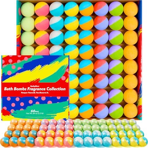 64-Pack Natural Bath Bombs Bulk Set – 8 Scents, Organic Ingredients, Long-Lasting Bubbles, Relaxing Gifts for Women & Men, Self-Care, Birthday, Christmas & Stocking Stuffers