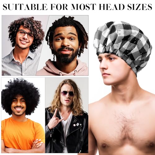 Shower Cap for Men Waterproof Reusable Large Bath Cap Men for Dreadlocks, Braids, Curls, Locs, Curly Hair, 3 Colors(Plaid Pattern)