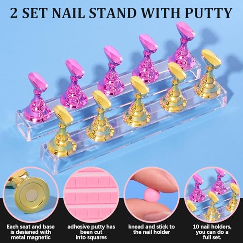 Nail Art Decoration Design Kit: Acrylic Brushes Tools Set with 600 Fake Nail Tips - Chrome Powder Nail Glue & Remover Nail Rhinestones Charms Gems - Press On Supplies Nail Stand Clipper Dotting Tool