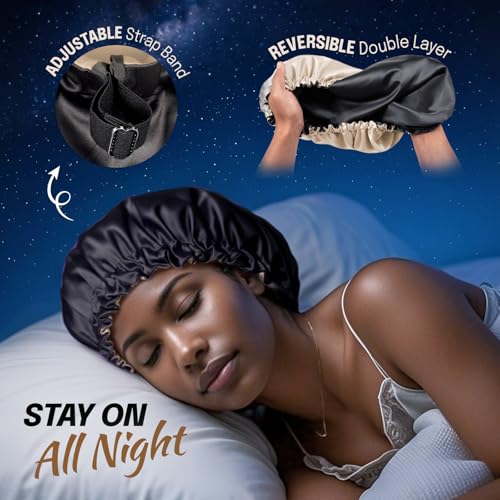 Silk Satin Bonnet for Sleeping Women - Hair Bonnet for Curly Frizzy Hair Care, Adjustable Sleep Cap, Double Layer Head Hair Wrap, Black