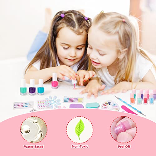 Nail Art Kit with Non-Toxic Nail Polish for Girls, 34Pcs Kids Nail Design Tool Set with Peel-off Nail Polishes, Dotting Pen, False Nail, DIY Sticker, Nail Decoration Gift for Girls Age 6-15