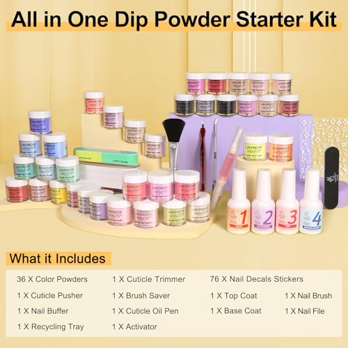Lavender Violets 48 Pcs Dip Powder Nail Kit Starter, 36 Colors Pink Red Yellow Green Blue with Dip Powder Liquid Set and Essential Manicure Tools for Nail Art Designs B950