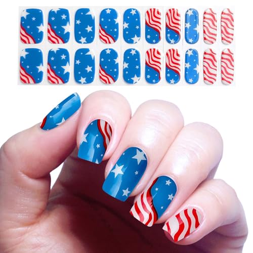 Patriotic Semi-Cured Gel Nail Strips Kit - 4th of July Nail Art Designs with 20 Salon-Quality Stickers, Easy DIY Manicure at Home (UV/LED Lamp Required)
