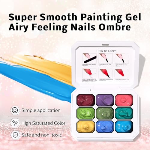 Sponge Pat Paint Nail Gel, 9 Colors Ombre Nails Gradient Gel Nail Blush Blooming Aura Nails Drawing Stripper Floral Painting Nail Art, No Wipe, UV/LED Curing (9 Colors J)