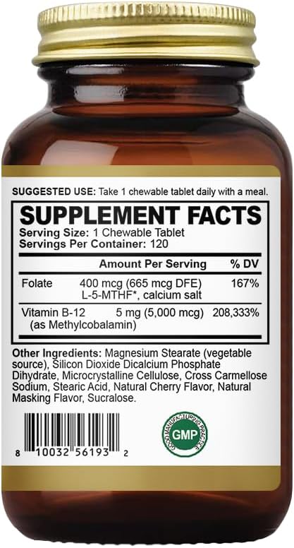 Methyl B-12 5000mcg Chewable with Folate - Vitamin B12 Methylcobalamin Sublingual Tablets - Supports Energy & Brain Function - Vegan Supplement - Cherry Flavor - 120 Count