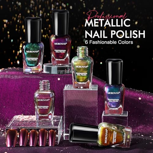 Morovan Fingernail Nail Polish Set: Holographic Metallic Lacquer Air Dry Nail Polish Regular Nail Pack 0.27oz Glitter Finger Nail Bulk Toenail Polish Kit Gift for Women