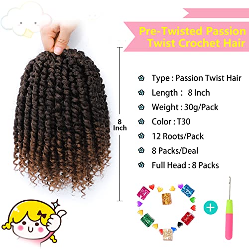 Fulcrum Passion Twist Hair 8 Inch, 8 Packs Passion Twist Crochet Hair for Black Women, Prelooped Crochet Twist Hair with Curly Ends (8Inch, T30#)