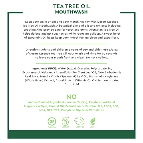 Desert Essence Tea Tree Oil Mouthwash - 16 Fl Ounce - Pack of 6 - Natural Refreshing - Spearmint Flavor - Helps Reduce Plaque Buildup - Refreshes Mouth & Gums - Vitamin C - Oral Care - No Parabens