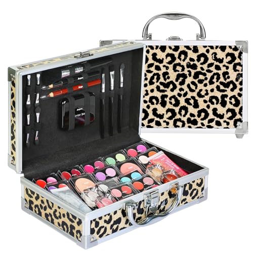 Anpro All-In-One Makeup Carry Case with Pro Teen Makeup Set, Full Starter Cosmetics Kit with Makeup Brushes, Lipsticks, Eye Shadows Palette, Blushes, Glitter Gel-Yellow Leopard