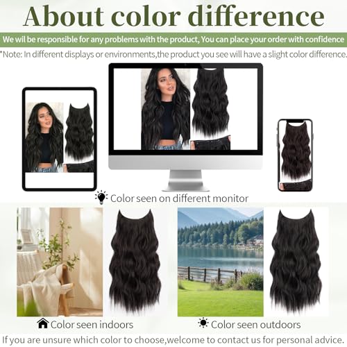 KooKaStyle Invisible Wire Hair Extensions with Transparent Wire Adjustable Size 4 Secure Clips Long Wavy Secret Synthetic Hairpiece 20 Inch Dark Brown for Women
