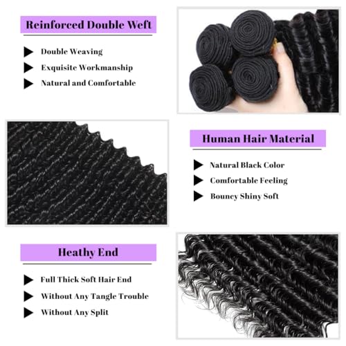 Deep Wave Human Hair Bundles, 20 22 24 Inch, 100% Unprocessed Brazilian Virgin Hair, 3 Bundles, Deep Curly, Black,Sew-In Installation, Wavy Style Keep Texture Silky Soft