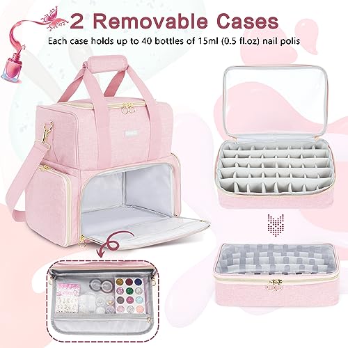 Nail Polish Organizer Holds 80 Bottles and a Nail Lamp,Nail Polish Carrying Case with 2 Removable Bags,Nail Organizers and Storage for Nail Tech,Portable Nail Polish Holder for Nail Supplies,Pink