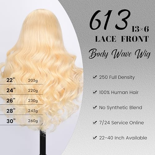 613 13x6 Lace Front Wig Human Hair 250 Density 30 Inch Body Wave Blonde Wig Human Hair 613 HD Lace Frontal Wigs 13x6, 100% Real Human Hair No Synthetic Blend No Tangle No Shedding Triple Lifespan 3X