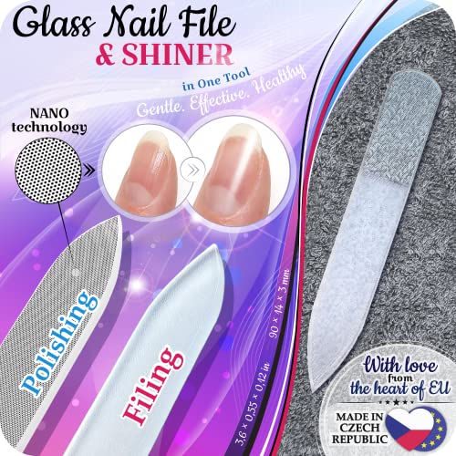GLADZY Czech Glass Nail File Set - Multifunctional Nail Shiner Buffer, Callus Remover Foot Rasp, Glass Cuticle Pusher Manicure Stick, Etched Surface, Professional Nail Care Tool, Made in EU