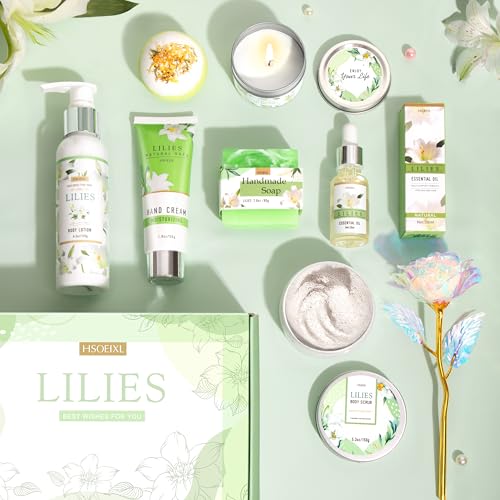 Gifts for Women, Birthday Gifts for Women, Bath and Body Gifts Set, Lilies Self Care Set,Christmas Mothers Day Relaxing Spa Basket for Mom, Grandma, Girlfriend, Sister, Friends