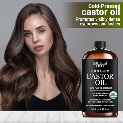 Organic Castor Oil for Hair, Scalp, Skin, Face & Eyelashes | USDA Certified | 100% Pure Castor Oil Organic Cold Pressed Unrefined Glass Bottle, Hexane Free - Soulspa Pure - 16 fl oz