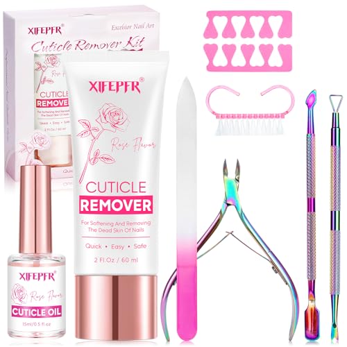 Cuticle Remover Kit - Cuticle Remover Cream & Cuticle Oil, Rose Flavor Cuticle Care Kit with Cuticle Trimmer Cuticle Pusher Cuticle Nipper for Manicure, Removedor de Cuticula for Nail Care