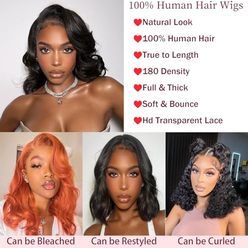 Bob Wig Human Hair 13x4 Frontal Lace Wig 14 Inch Body Wave 180% Density HD Transparent Lace Front Wigs Human Hair Wigs for Black Women Pre Plucked Natural Black
