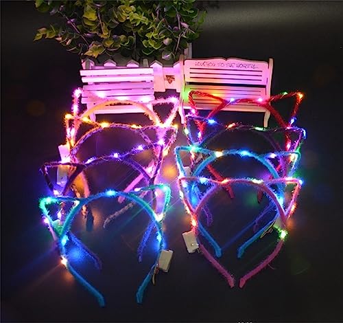REQO 10 Pieces Cat Ears Headbands Set,LED Cute Cat Light Up Head Accessories,Glowing Girls Headdress Party Supplies For Night Clubs, Raves, Concert Party,Christmas,Halloween,Adults,Kids (10pcs-A)