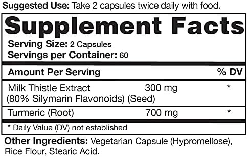 Milk Thistle Extract (80% Silymarin Flavonoids) Plus Turmeric - 120 Capsules