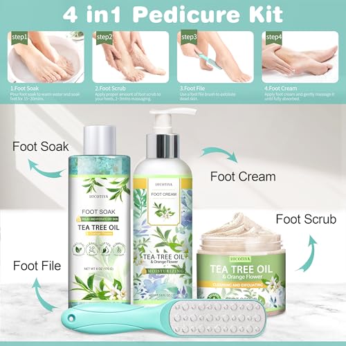 LUCOTIYA Tea Tree & Orange Flower Foot Soak Set - Salts, Foot File, Scrub & Urea Cream Pedicure Supplies for Dry, Cracked Feet - Foot Spa Pedicure Kit for Women Men