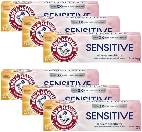 ARM & HAMMER Sensitive Teeth & Gums Toothpaste, 6 Pack, Refreshing Mint, Anticavity Fluoride Toothpaste with Baking Soda, Whitening Enamel Strengthening Paste, Travel Size 0.9 Oz