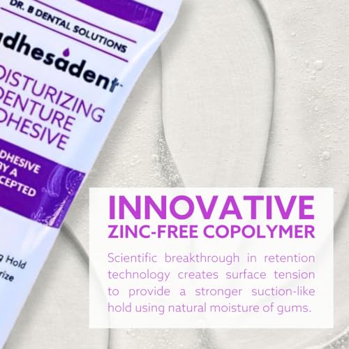 Dr. B Dental Solutions Adhesadent Moisturizing Denture Adhesive - Secure Denture Glue with Strong Grip & Natural Taste - Zinc-Free Dental Adhesive for Dentures, Overdentures - 2.4 oz