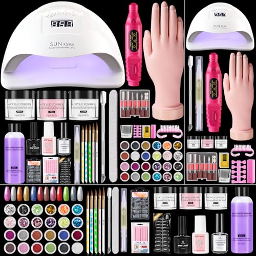 Acrylic Nail Kit with Everything: Practice Nail Hand U V Lamp Acrylic Nail Liquid Set with Drill Starter Nail Set Gifts for Beginners Home Salon