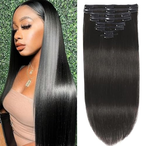 Clip in Hair Extensions Real Human Hair Clip in Extensions Black Women Remy Invisible Natural Straight Seamless 8pcs Double Weft #1B 16 Inch 2.8oz/80g