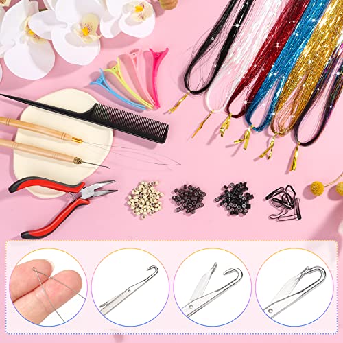 Mckanti 16 Colors Hair Tinsel Kit with Tool, 47 inch 3200 Strands Tinsel Hair Extensions for Women Girls, Fairy Hair Tinsel Glitter Sparkling Shiny Colorful Synthetic Hair for Party Daily Life Fashion