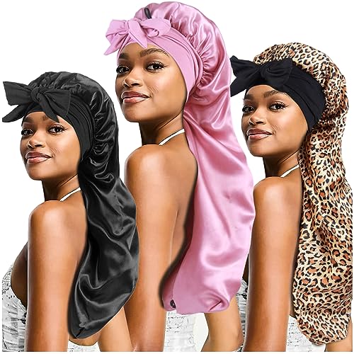 3pcs Long Satin Bonnets for Braids Locs, Large Silky Hair Bonnet with Tie for Women Sleeping Curly Hair, A