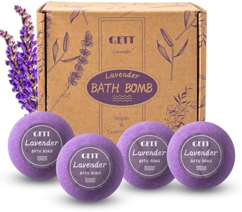 GETT Lavender Bath Bombs 4-pcs, Individually Wrapped Bath Bombs for Men & Women, Luxury Gift Set with Vegan and Essential Oils, Relaxing and Moisturizing Bubble Bath, Organic Bath Essentials for All
