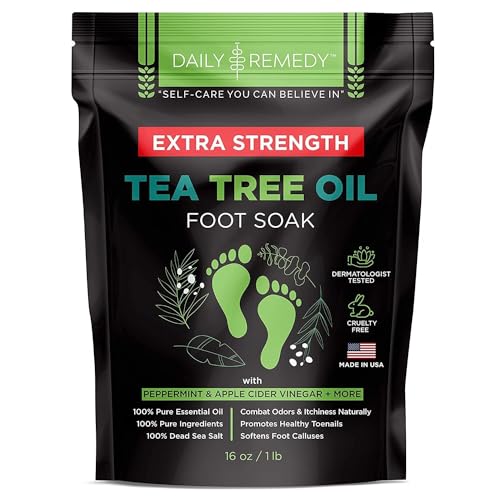 DAILY REMEDY EXTRA STRENGTH Tea Tree Oil Foot Soak w/ Epsom Salt Made in USA Toenails，Athlete's Foot，Itchy Feet，Stubborn Smelly Foot Odor，Pedicure Calluses & Soothes Sore Tired Achy Feet 16 oz，Black