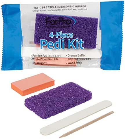 ForPro 4-Piece Pedi Kit, 200-Count, Individually-Packed Pedicure Set, Purple Pumice Pad, White Wood Nail File 80/100 Grit, Orange Mini Buffer 80/100 Grit, Wood Stick