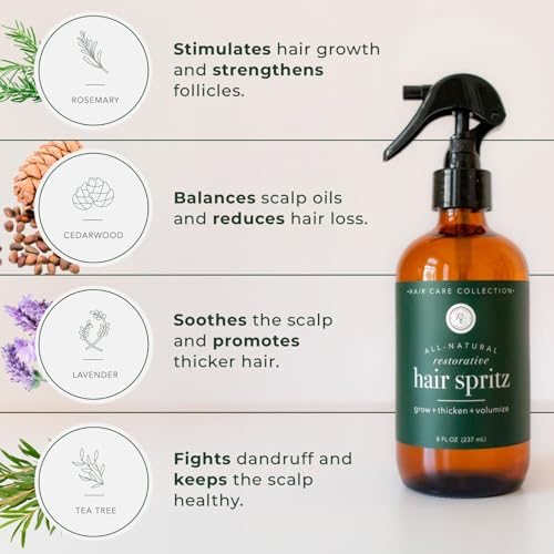 Rowe Casa Organics Natural Restorative Hair Spritz with Witch Hazel & Therapeutic Essential Oils, Hand-Crafted Hair Volumizer, Thickener, & Growth Booster, 8 Fl. Oz.