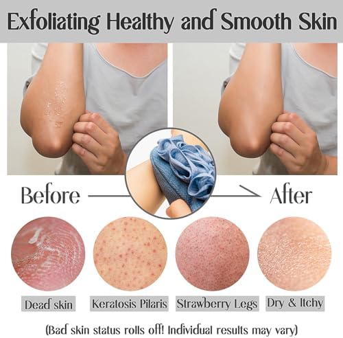 Deep Exfoliating Mitt Double-Sided Glove for Shower, with Long Exfoliating Washcloth Towel - Extreme Body & Back Scrubber Exfoliator, Body Massage Scrub & Bath Shower Loofah Sponge (2-Blue)