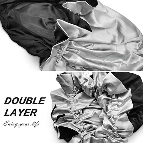 Silk Bonnets for Women,Double Layer Extra Large Satin Sleeping Cap with Elastic,Satin Bonnet for Curly Hair,Satin Cap for Natural Hair, Women Girl(Black)