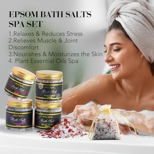 Epsom Bath Salts for Soaking Lavender, Eucalyptus & Rose Bath Salts for Women Relaxing,6pc Self Care Gift Set with Chamomile & Mint Spa Grade Muscle Relief,Natural Essential Oils,Sensitive Skin Safe