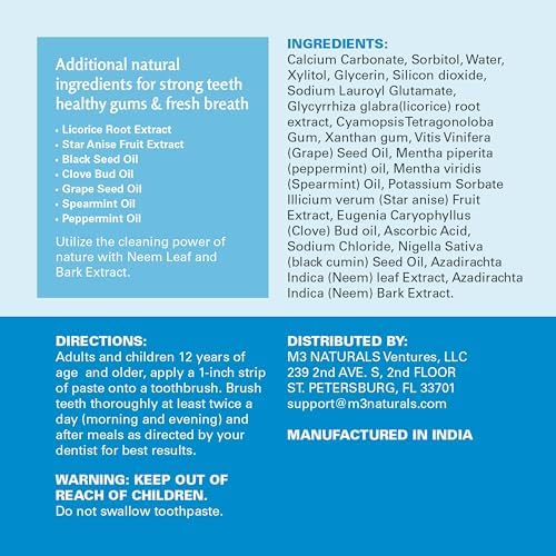 Fluoride-Free Neem Toothpaste with Mint for Adults & Kids with Sensitivity | Vegan, Gluten & SLS Free Herbal Formula for Sensitive Teeth, Healthy Gums and Fresh Breath | 4.23 oz (120g) Pack of 3