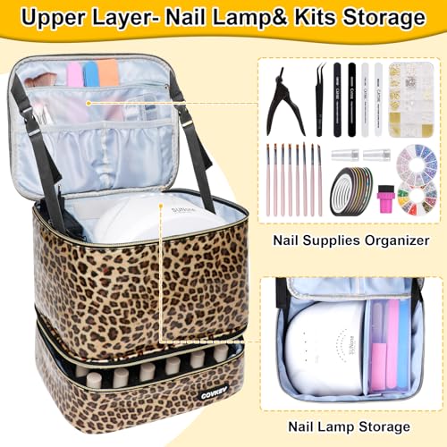 PU Leather Nail Polish Organizer Bag Holds 30 Bottles (15ml - 0.5 fl.oz) & Nail Lamp, Portable Nail Kit Storage Carrying Case, Double Layer Nail Supplies Organizer Handbag (Leopard)