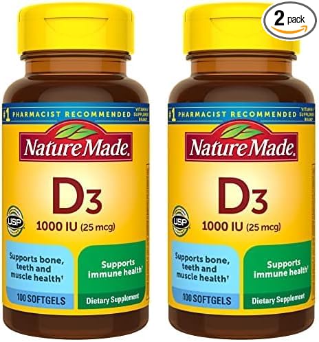 Nature Made Vitamin D3 1000 IU (25 mcg), Dietary Supplement for Bone, Teeth, Muscle and Immune Health Support, 100 Softgels, 100 Day Supply (Pack of 2)