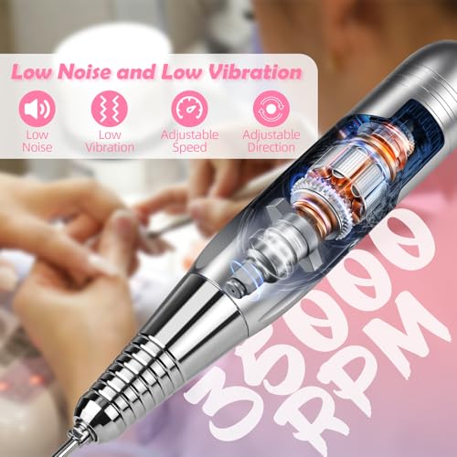 Nail Drill, Portable Rechargeable Tool Kit with 35000RPM Electric Nail File and LED Display for Manicure, Pedicure, Salon, Home, DIY (White)