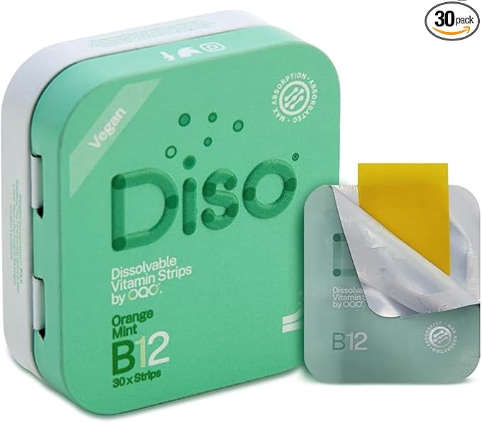 DISO - Vitamin B12 - Dissolvable Oral Strips, for Tiredness and Fatigue, Orange Mint Flavor, Vegan, Sugar Free, Maximum Absorption, Gluten Free, Individually Wrapped, 30 Count