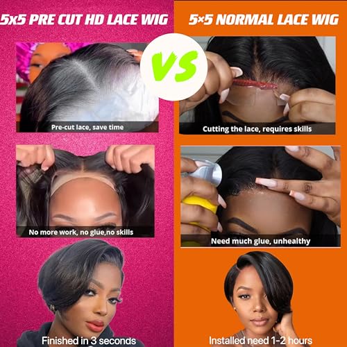 Pixie Cut Wig Human Hair 5X5 HD Lace Straight Wear and Go Glueless Wigs Human Hair Pre Plucked Pre Cut Short Pixie Cut Wigs for Black Women (Natural Color)
