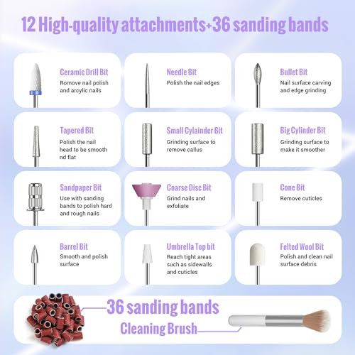 Cordless Electric Nail Drill Machine, 13 in 1 Nail File Kit 35000RPM Professional Portable Rechargeable E File for Acrylic Polish Gel Removal Manicure Pedicure Set with 5 Speeds DN-2402