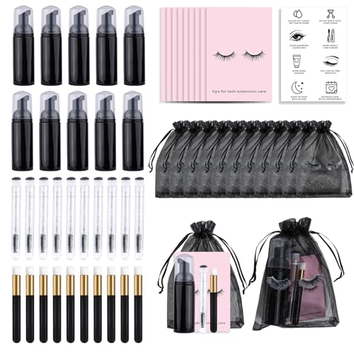 50PCS Lash Shampoo Bottles Brushes Set, Empty Lash Shampoo Bottle, Lash Cleaning Brush, Eyelash Extension Tube Brush, Instructions Cards, Aftercare Bags for Lash Business Clients (50pcs in black)