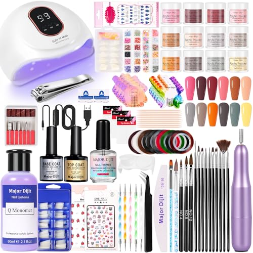 Major Dijit Acrylic Nail Kit with Drill 12 Colors Acrylic Powder Acrylic Liquid Top Coat Base Coat Nail Primer Set for Beginners with Everything DIY Nail Art Tool Gift Home Salon