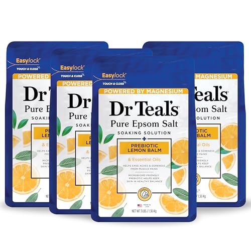 Dr Teal's Pure Epsom Salt, Prebiotic Lemon Balm & Essential Oil, 3 lbs (Pack of 4)
